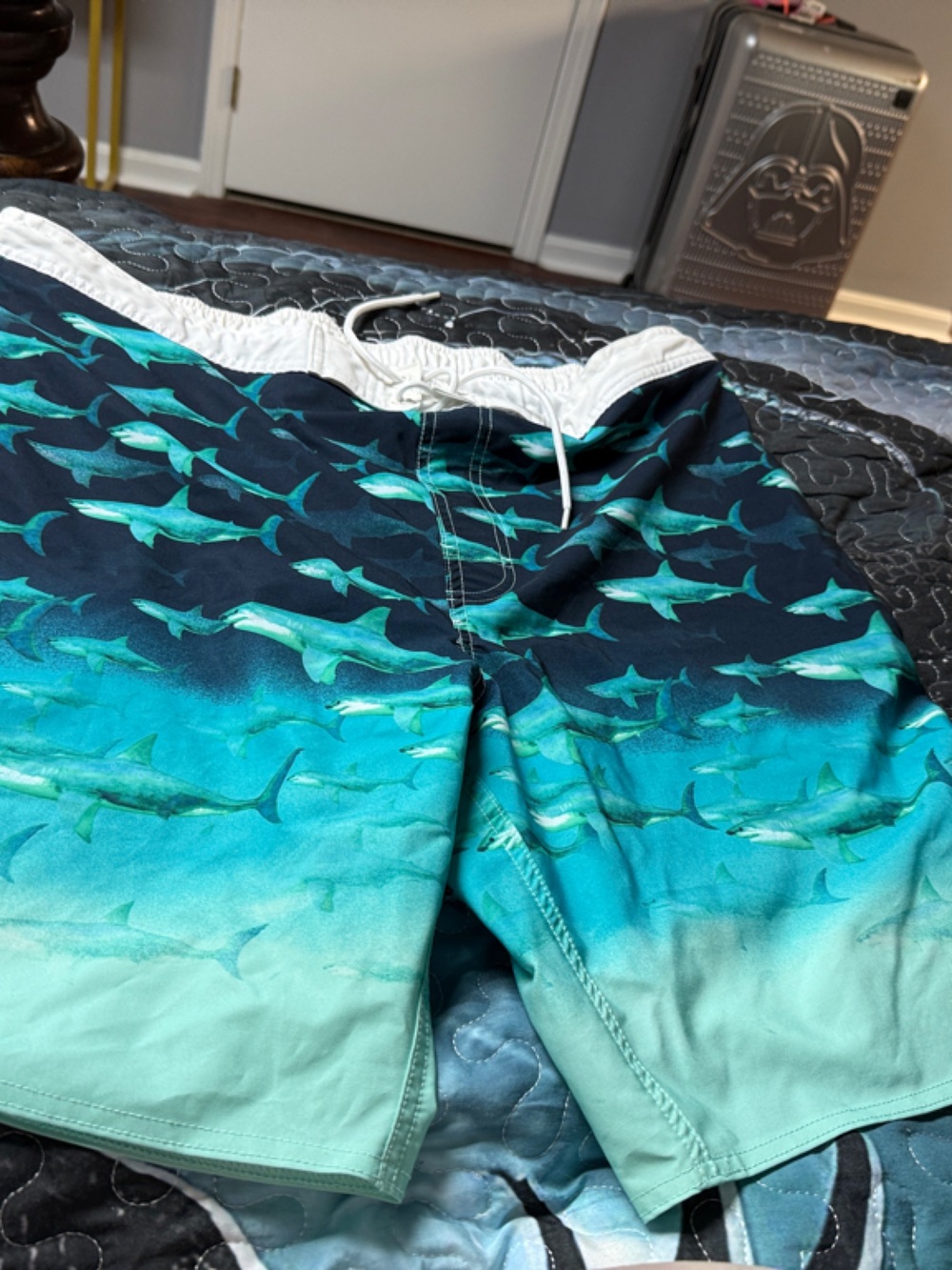 George Gradient Teal & Navy Shark-Print Swim Trunks